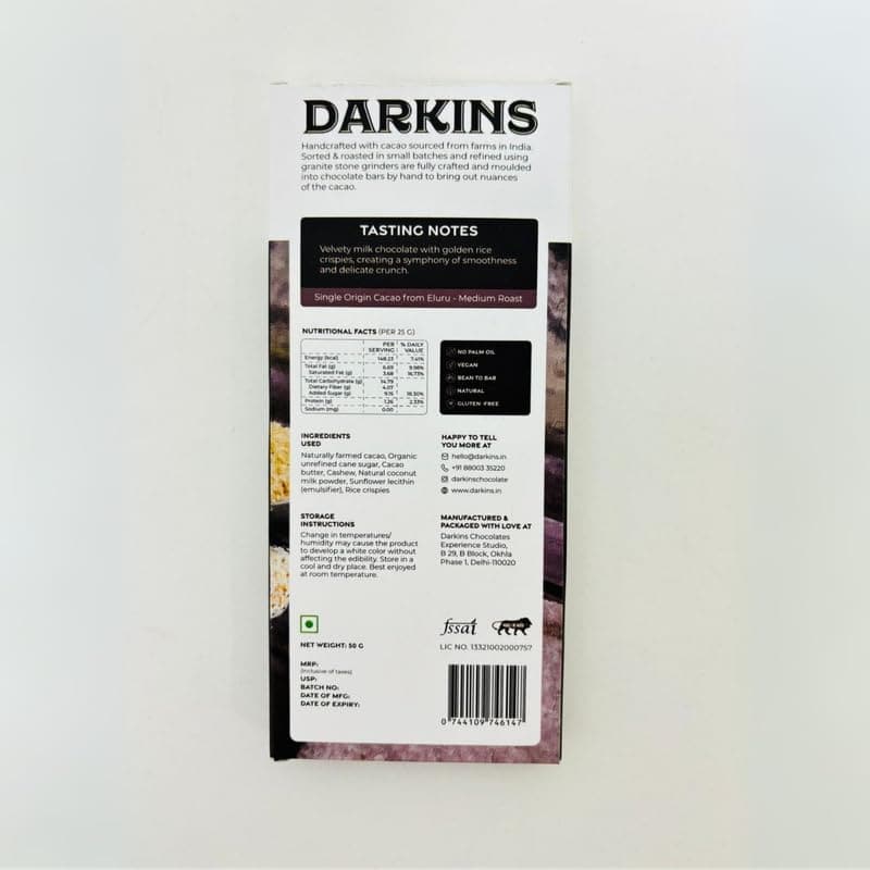 Darkins Vegan Mylk Rice Crispies Chocolate | Unrefined Cane Sugar | 50 Gm Each Pack Of 3