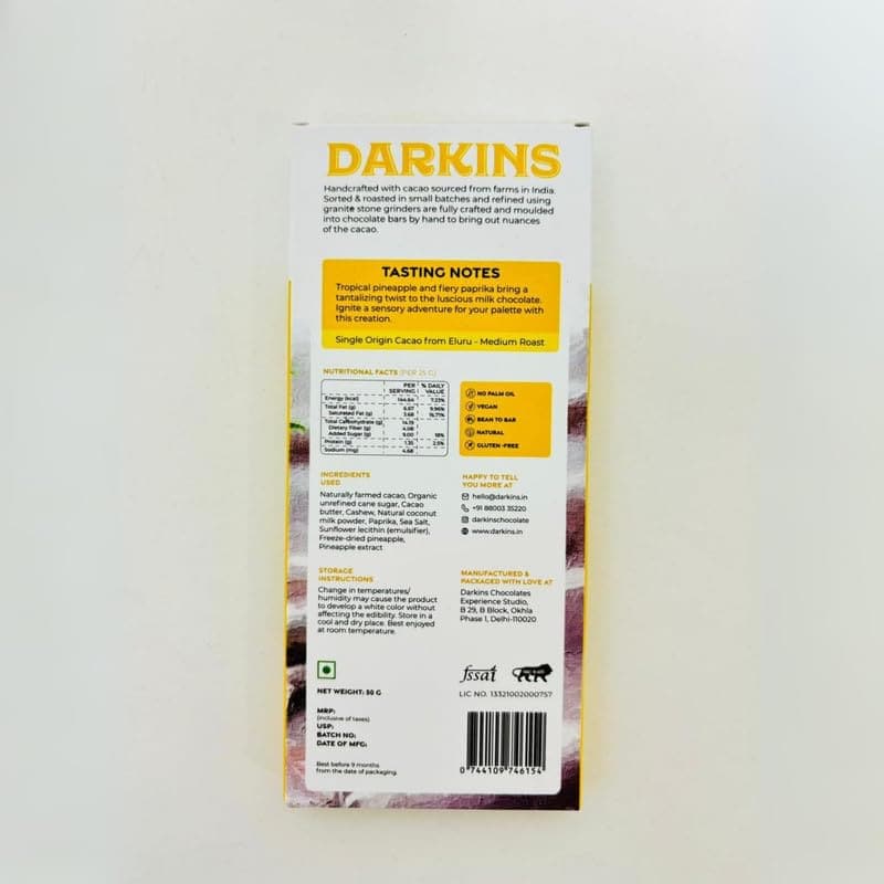 Darkins Vegan Mylk Pineapple Paprika Chocolate | Unrefined Cane Sugar | 50 Gm Each Pack Of 3