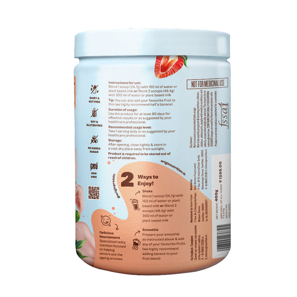 Origin Nutrition senior Care Vegan Plant Protein Powder 400g, Strawberry Flavour with 25g Plant Based Protein