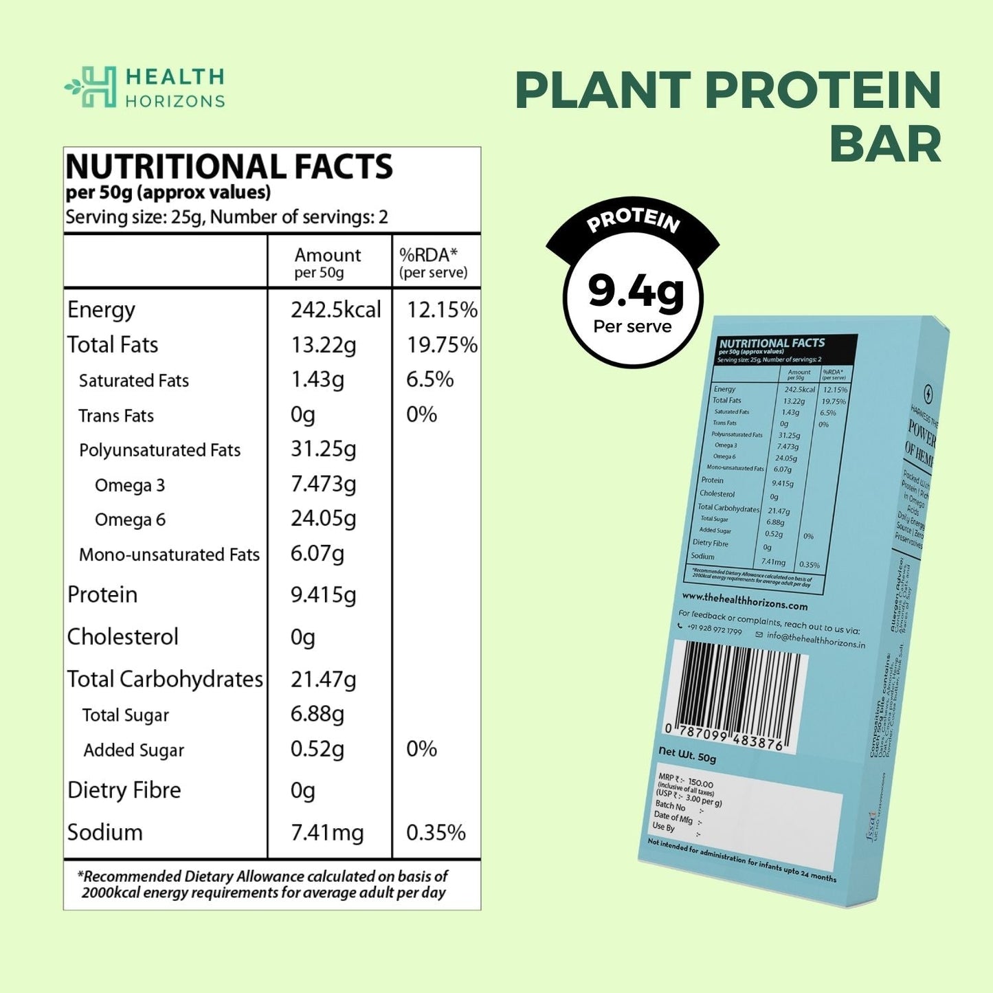 Health Horizons Choco Hemp Protein Bar 50 g (Pack of 3)