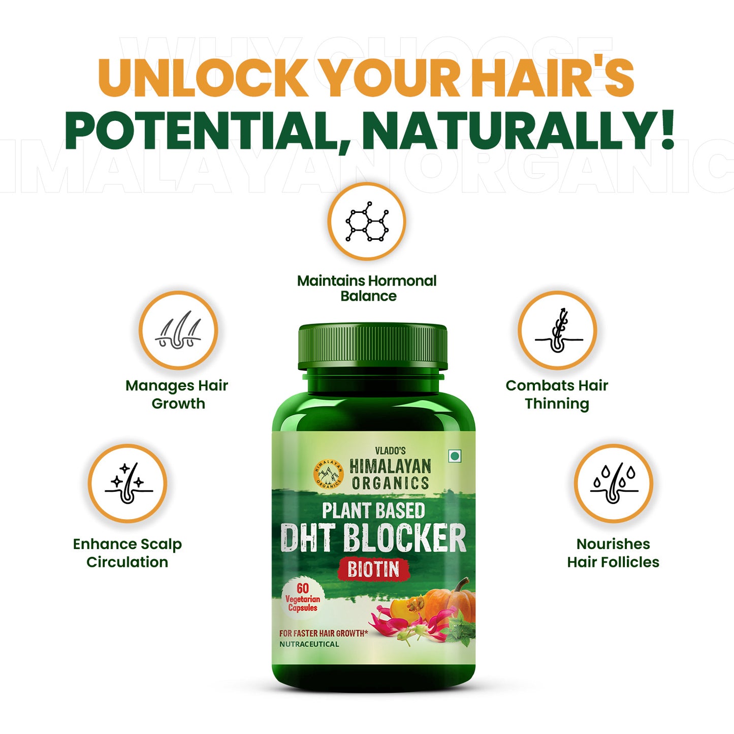 Vlado's Himalayan Organics Plant Based DHT Blocker | Nettle Extract | 60 Veg Capsules