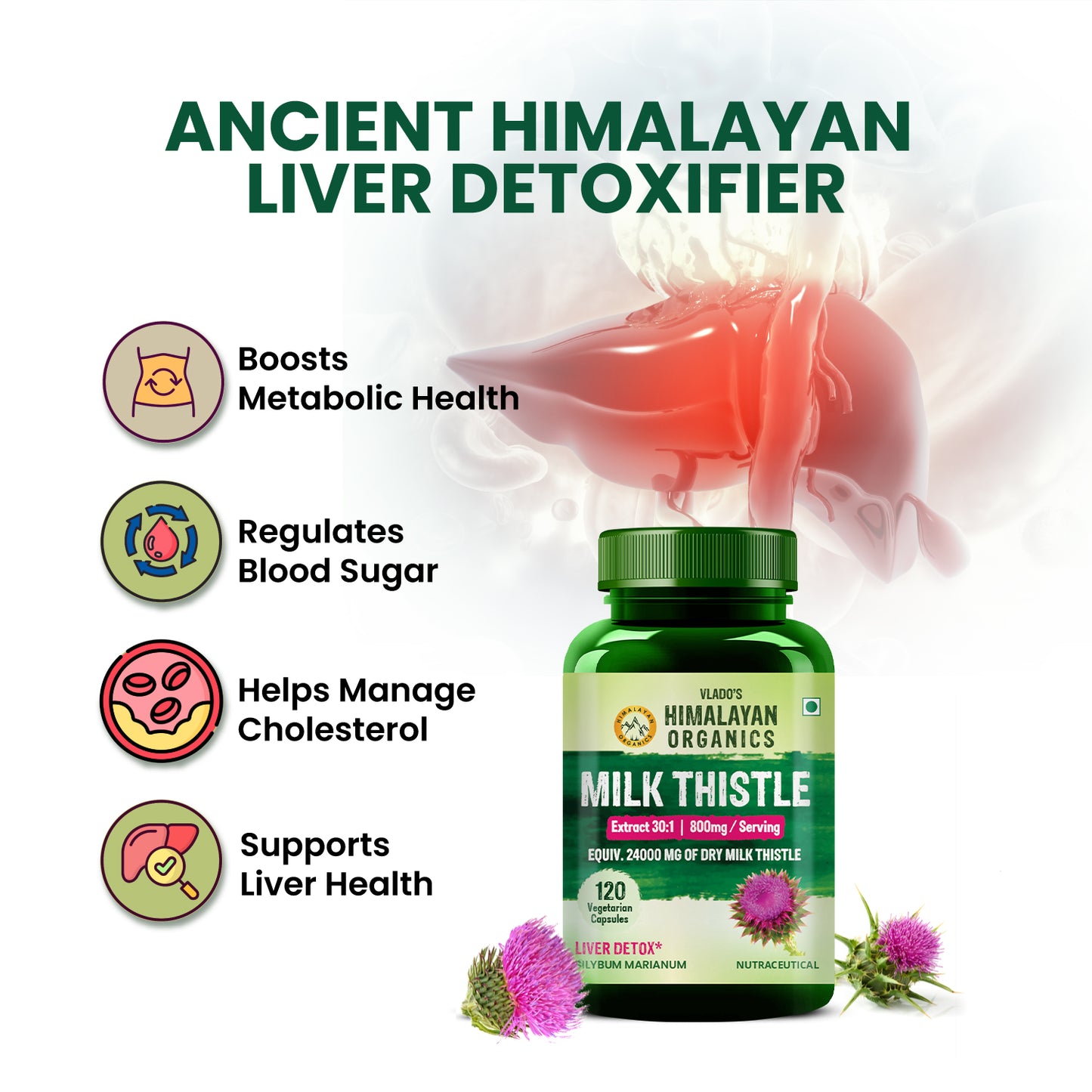 Vlado's Himalayan Organics Milk Thistle Extract Silymarin 800mg/Serve - 120 Veg Capsules