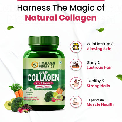 Himalayan Organics Vegan Collagen 2000Mg With Biotin And Vitamin C | Good For Glowing Skin | Healthy Hair And Nail - 100 Veg Tablets