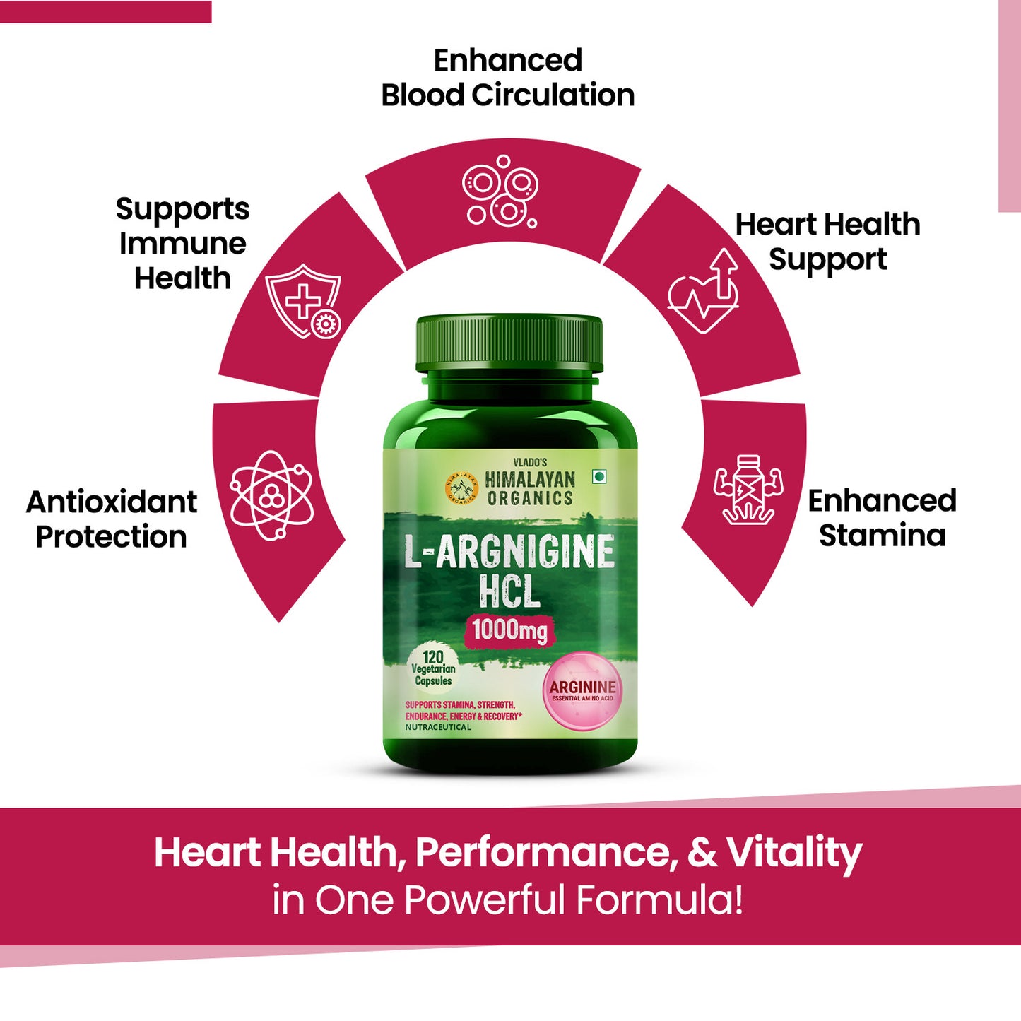 Vlado's Himalayan Organics L-Arginine 1000 mg With Chromium Picolinate Supplement | Improve Muscle Growth Boost Energy And Stamina | Good For Men And Women - 120 Veg Caps