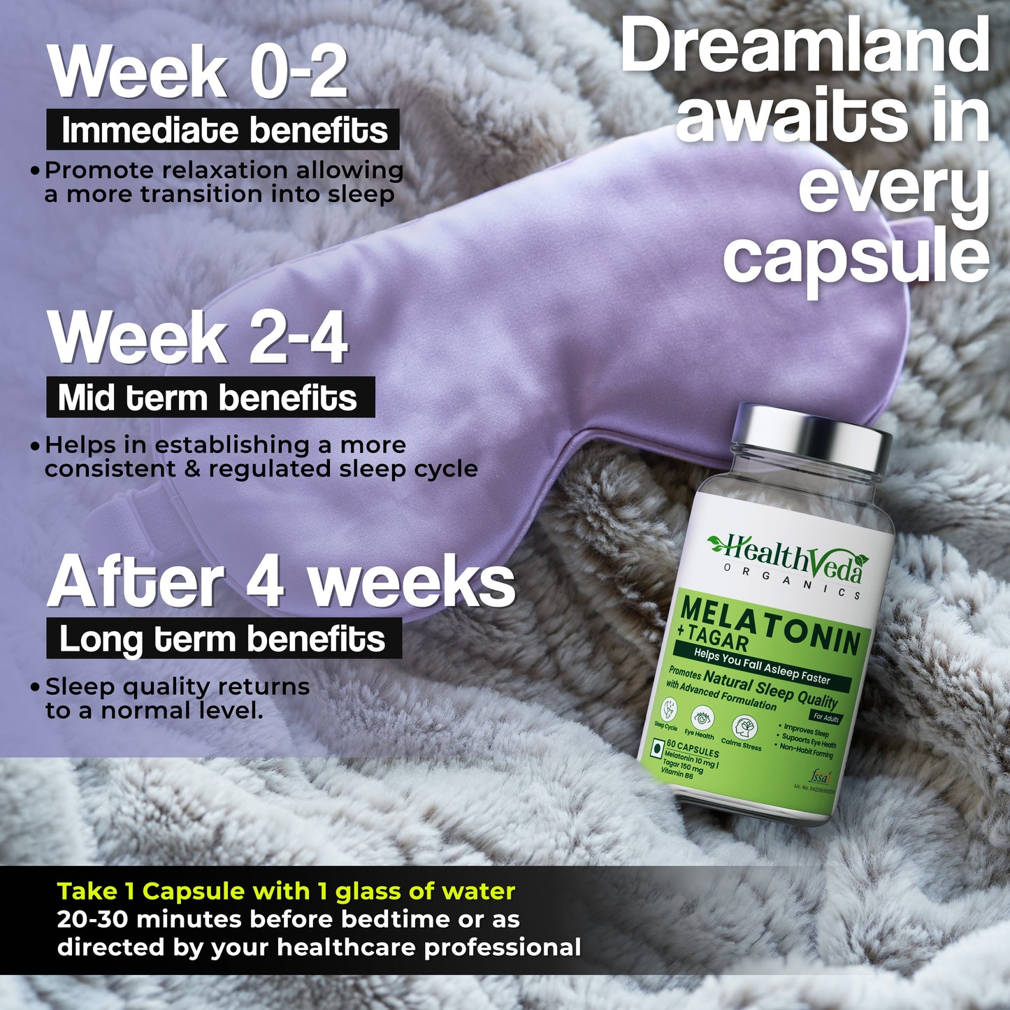 Health Veda Organics Melatonin Capsules for Better Sleep - 60 Veg Capsules (Non Habit Forming)