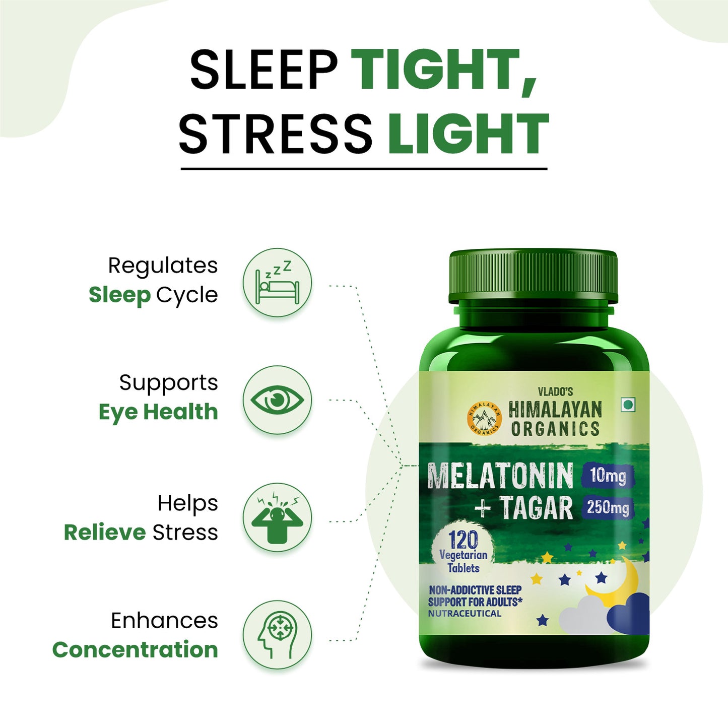 Vlado's Himalayan Organics Melatonin 10mg + Tagar 250mg | Potent Sleep Aid Formula | 120 Tabs
