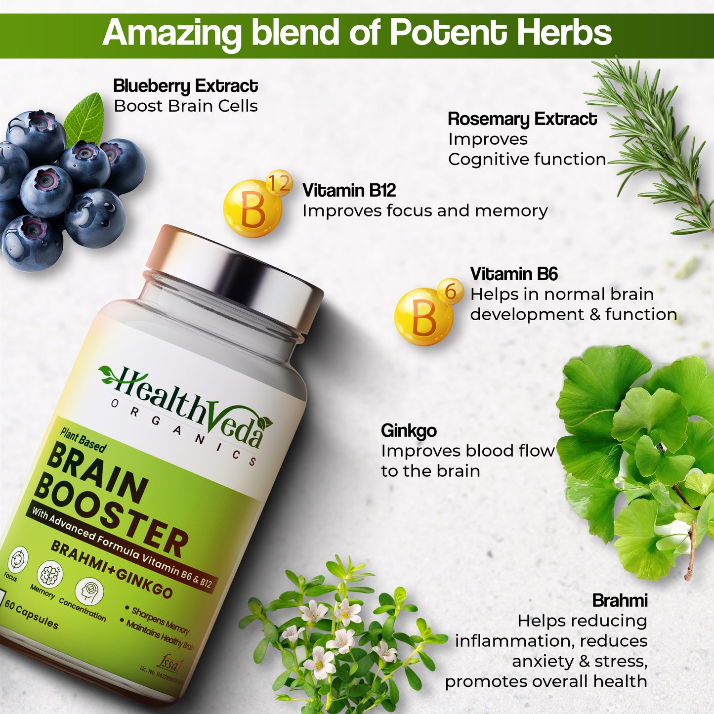 Health Veda Organics Plant Based Brain Booster with Ginkgo Biloba & Brahmi I 60 Veg Capsules I Boosts Concentration & Learning Activities