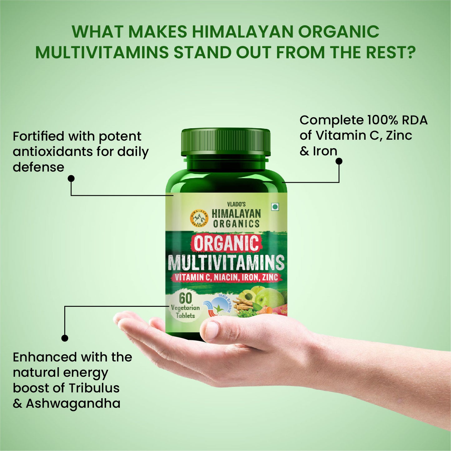 Vlado's Himalayan Organics Organic Multivitamins with Iron, Zinc, Vitamin B3 & C | With Ashwagandha, Tribulus & Turmeric | 100% Organic, Non-Synthetic | 60 Veg Tablets