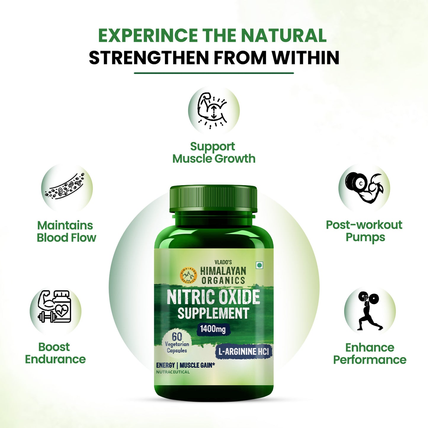 Vlado's Himalayan Organics Nitric Oxide Supplement with L- Arginine HCL 1400mg/Serve with Caffeine | Muscle Growth, Stamina, Recovery, Energy & Immunity | 60 Veg Capsules