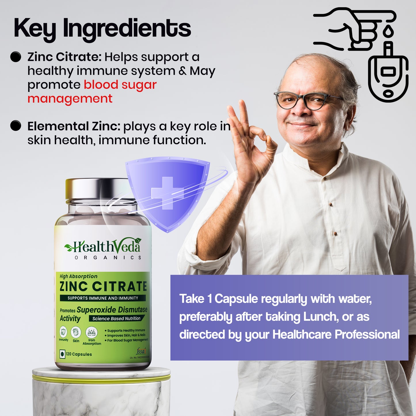 Health Veda Organics Zinc Citrate | Supports Immune and Immunity | Healthier Skin, Hair & Nails | Improves Iron Absorption | 120 Veg Capsules | For Both Men & Women