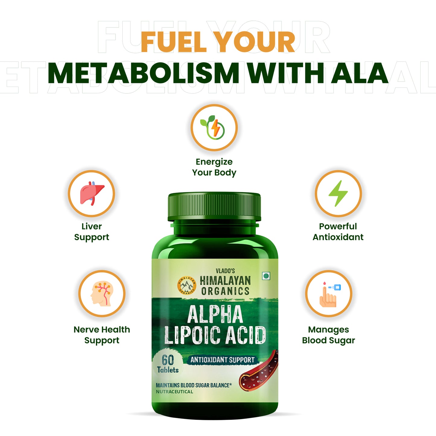 Vlado's Himalayan Organics Alpha Lipoic Acid 300mg | Boost Liver Function, Healthy Blood Sugar, Antioxidant | 60 Veg Tablets
