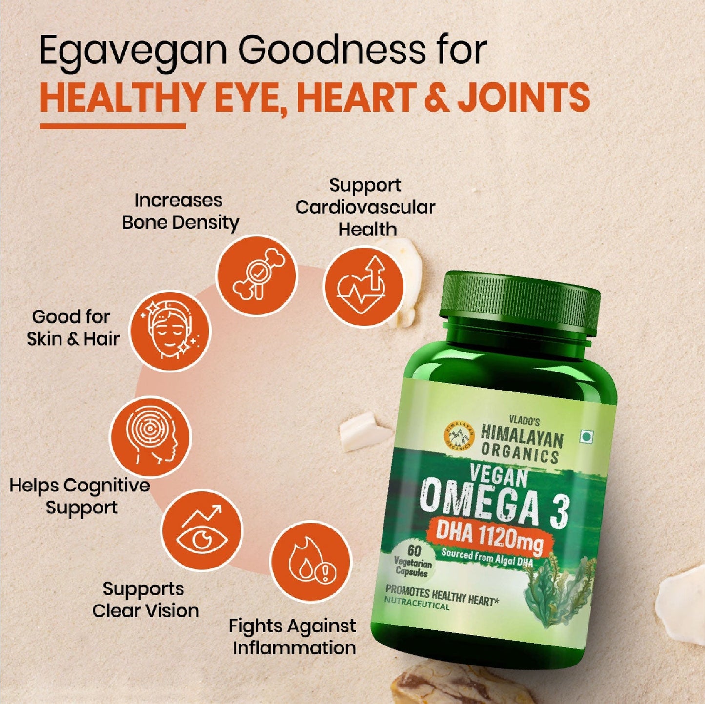 Vlado's Himalayan Organics Vegan Omega 3 – 1120 MG | 3X Strength | With Veg DHA & Algal Oil | Plant-Based Omega 3 | No Fish Oil | 60 Veg Capsules for Men & Women