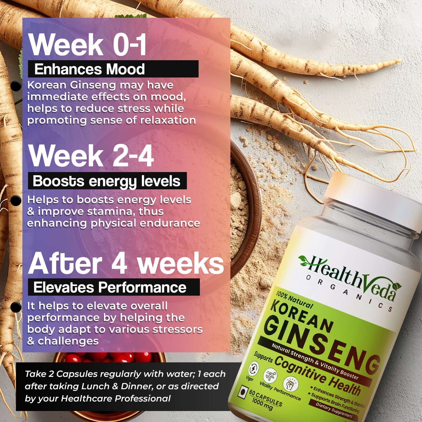 Health Veda Organics Korean Red Ginseng 1000 mg | 60 Veg Capsules | Supports Energy, Vitality & Strength | For Men & Women