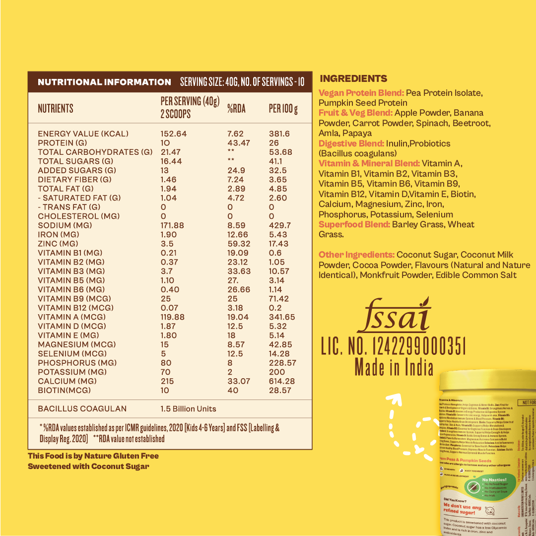 Origin Nutrition Vegan Multi Nutritional, Chocolate drink for kids with 10gm Plant-Based Protein, 7 fruits and vegetables, 18 minerals and vitamins. Gluten Free, Soy Free, Dairy Free, No Added Sugar, Soy Free, Non - GMO, ages 8-12, 400g