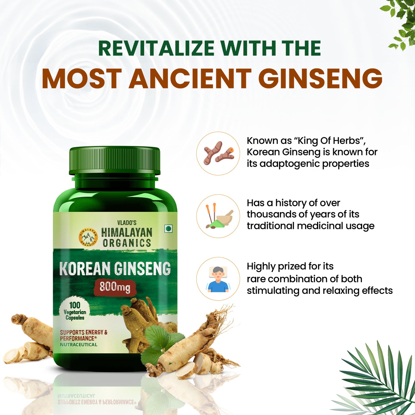 Vlado's Himalayan Organics Korean Red Ginseng 800mg/Serve 100 Veg Capsules