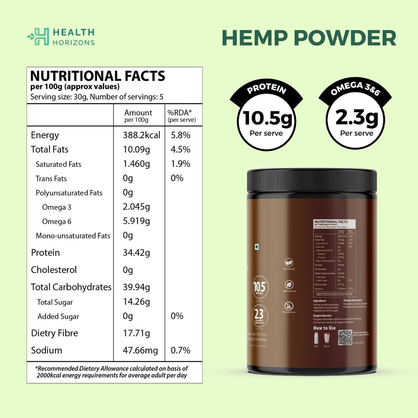 Health Horizons Hemp chocolate Protein Powder (500g)