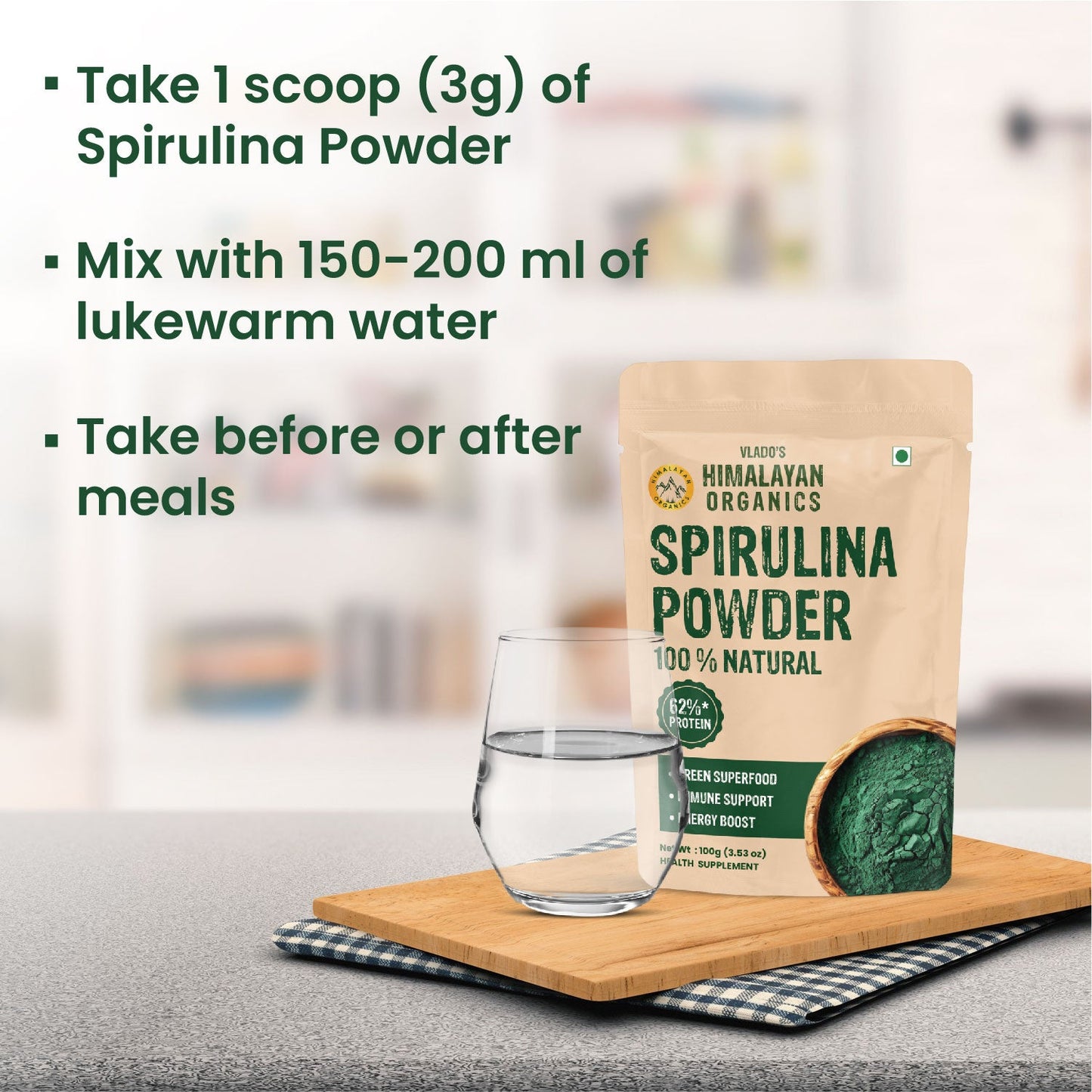 Vlado’s Himalayan Organics Spirulina Powder | 62% Protein | Natural Superfood | 100g