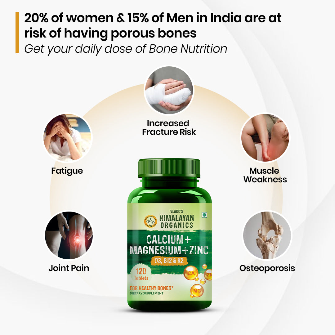Vlado's Himalayan Organics Calcium Magnesium Zinc Vitamin D3 & B12- 120 Vegetarian Tablets