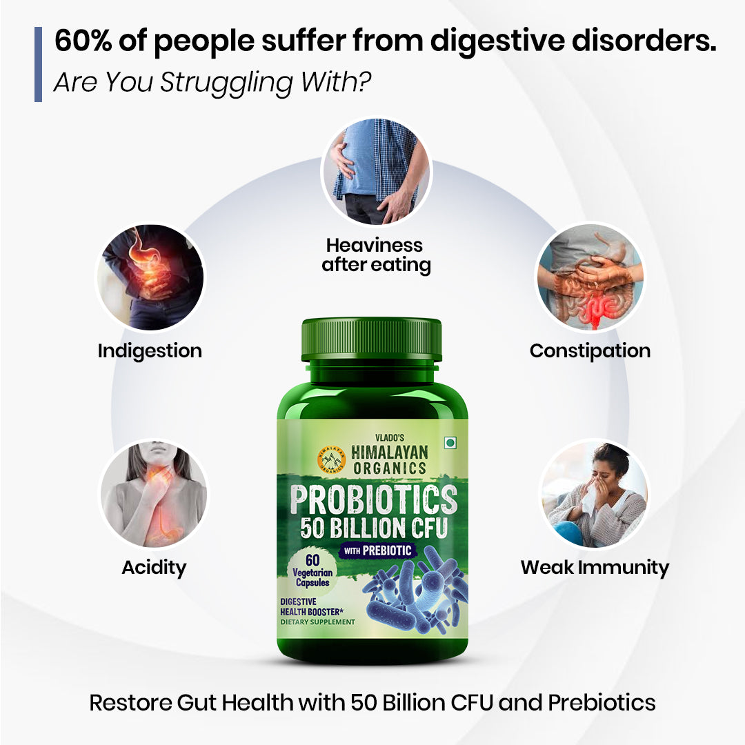 Vlado's Himalayan Organics Probiotics Supplement 50 Billion CFU with Prebiotics 150mg | 20 Strains | Plant-Based Formula | 60 Veg Capsules