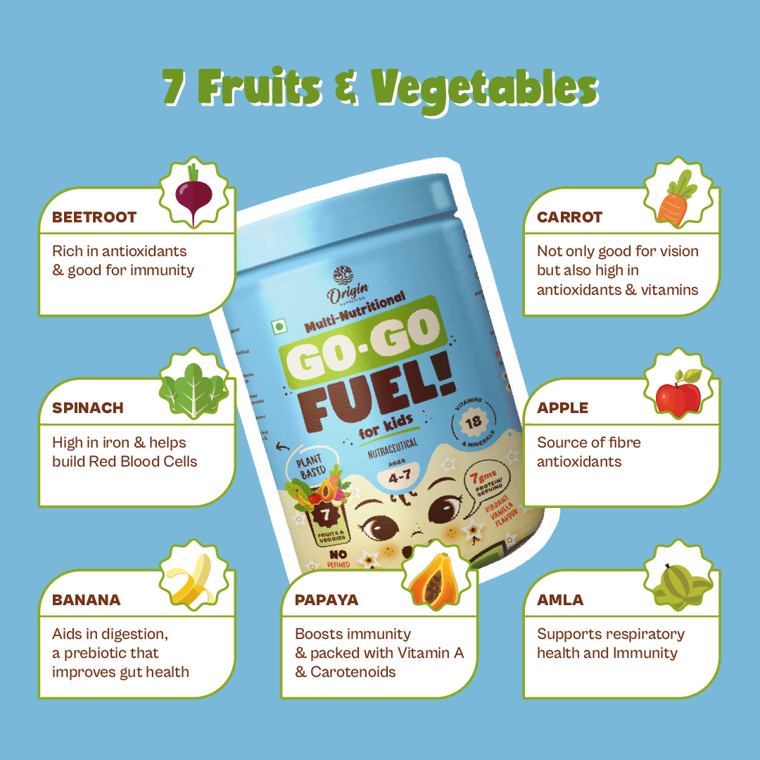 Origin Nutrition Vegan Multi Nutritional, Vanilla drink for kids with 7gm Plant-Based Protein, 7 fruits and vegetables, 18 minerals and vitamins. Gluten Free, Soy Free, Dairy Free, No Added Sugar, Soy Free, Non - GMO, ages 4-7, 400g