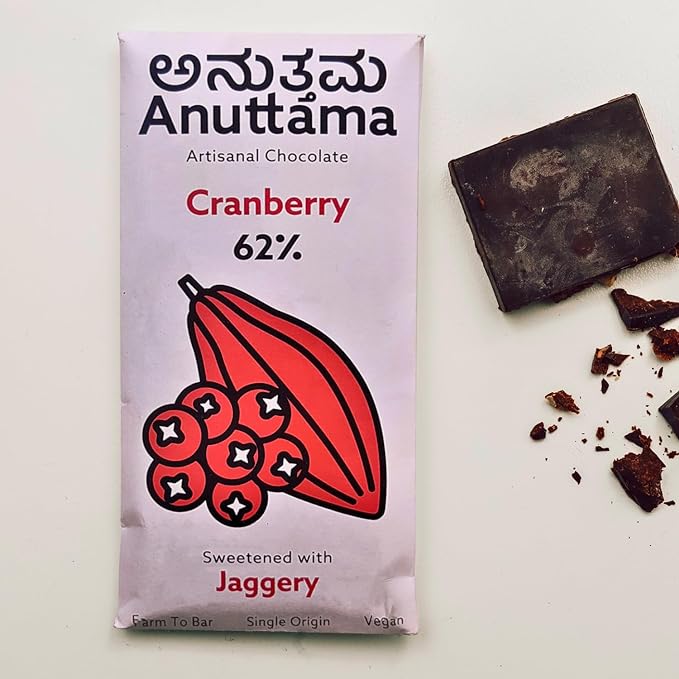 ANUTTAMA Dark Chocolate | 62% Cocoa with Cranberry | Dark Chocolate Sugar Free | No Artificial Flavours and Colors | Natural Chocolate Bar ( 50g Pack of 1)