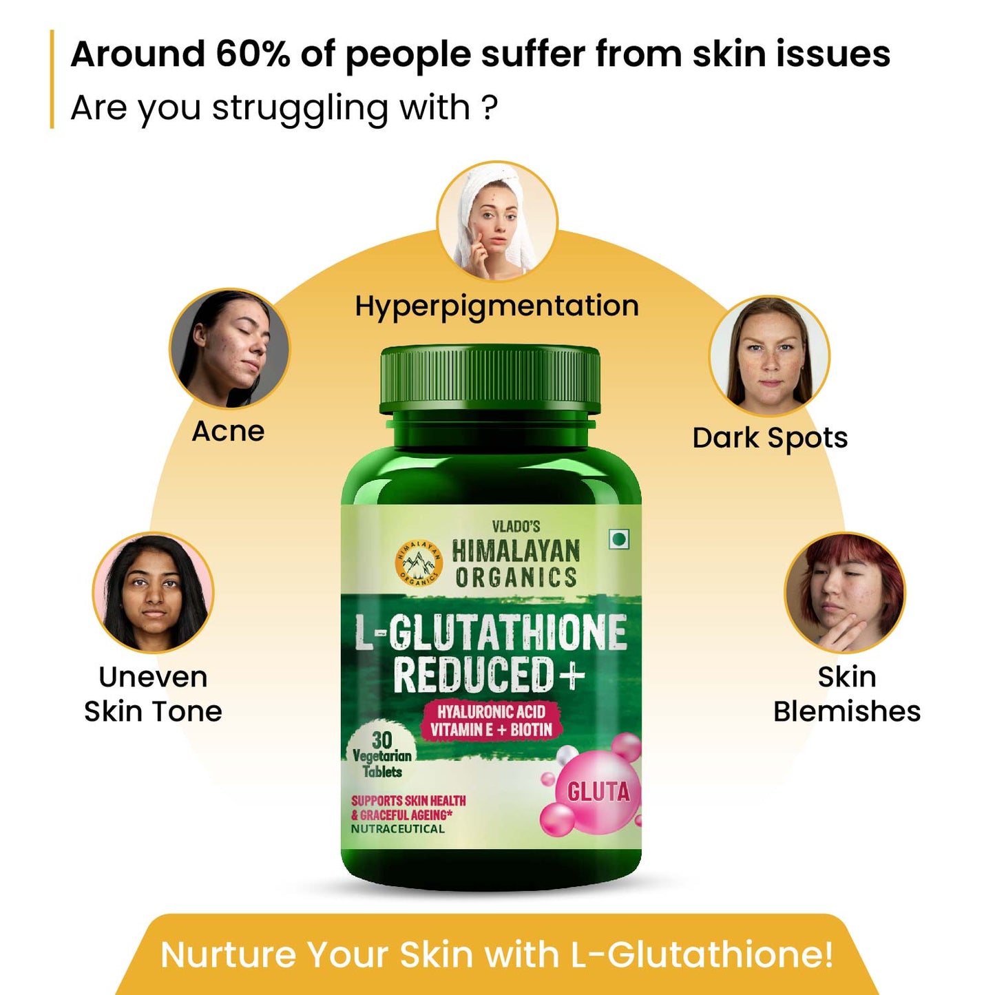 Vlado’s Himalayan Organics L-Glutathione Reduced with Hyaluronic Acid, Vitamin E & Biotin | 30 Veg Tablets