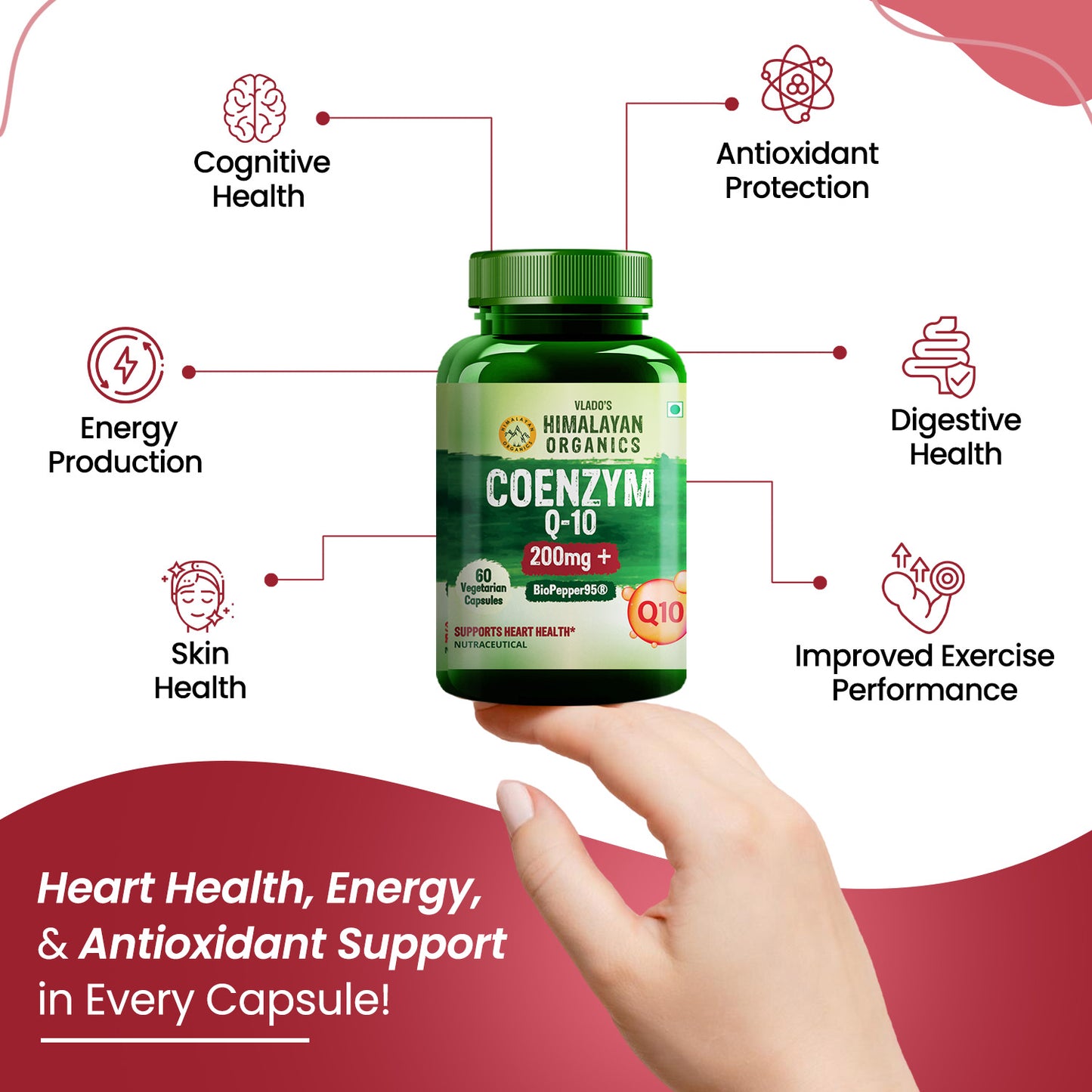Vlado's Himalayan Organics COENZYME Q-10 200mg With BioPepper - 5mg Supplement | High Absorption I Antioxidant Support Healthy Heart Boost Energy And Metabolism High Strength For Men And Women - 60 Veg Capsules