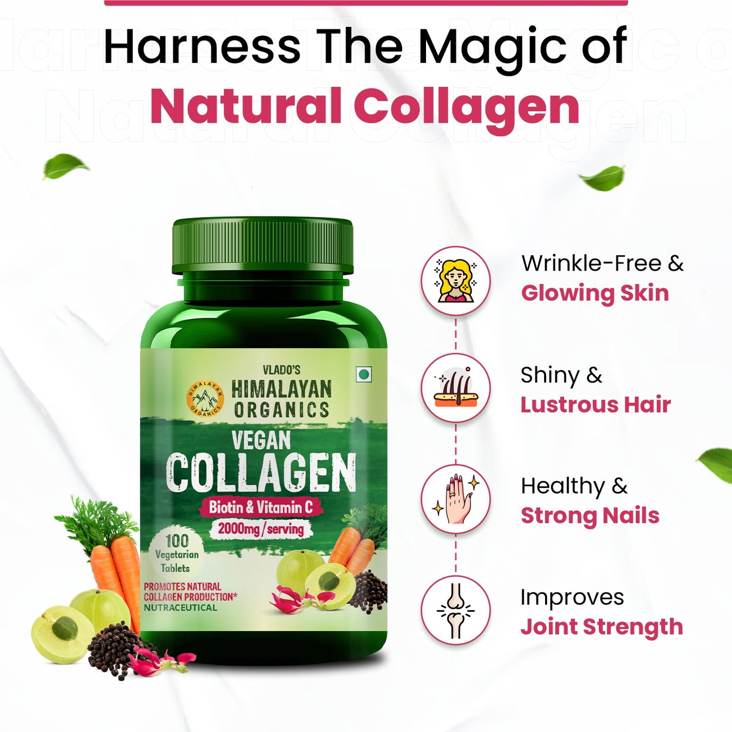 Vlado's Himalayan Organics Vegan Collagen 2000Mg With Biotin And Vitamin C 100 Veg Tablets