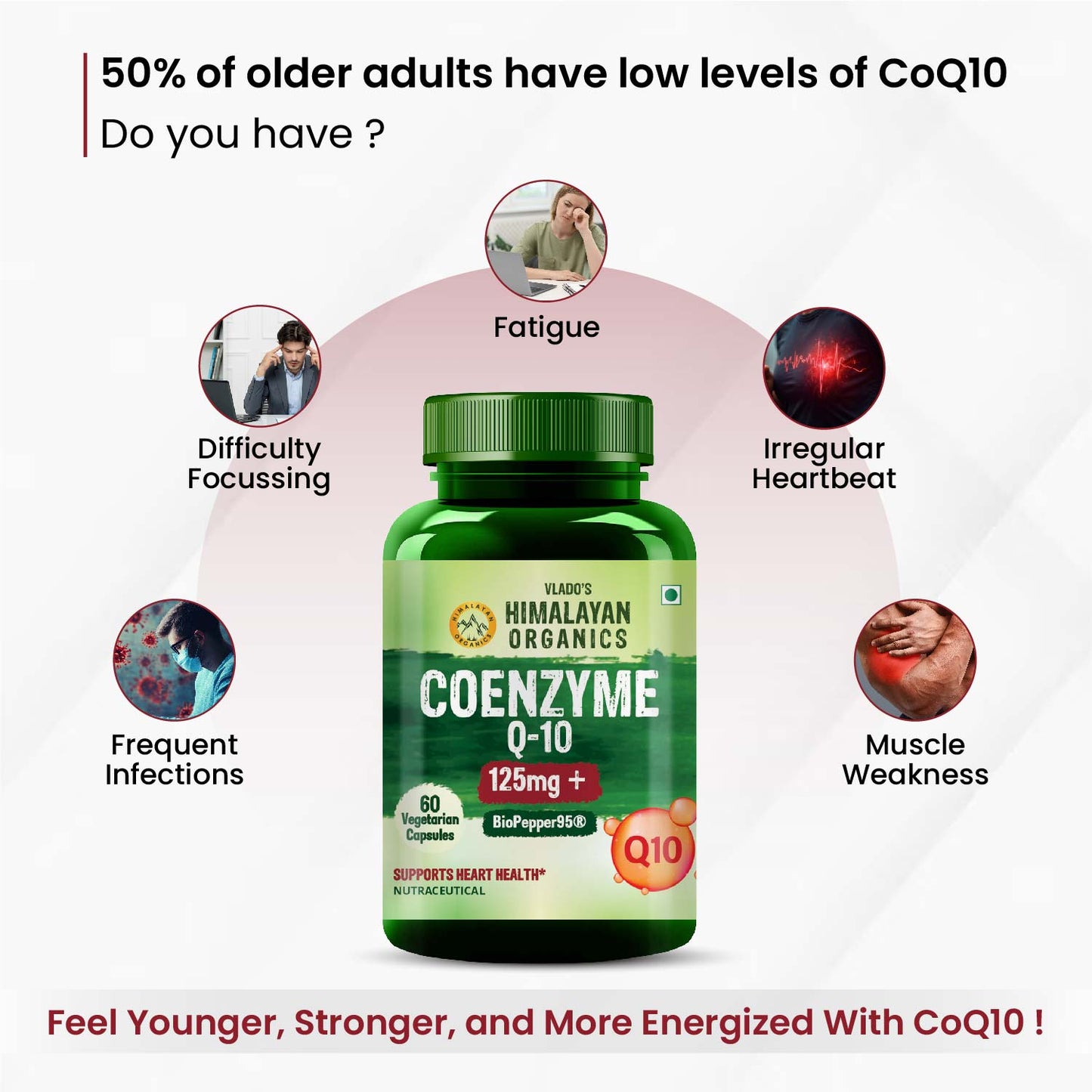 Vlado's Himalayan Organics CoQ10 -125mg With BioPepper - 5mg , COENZYME Q-10 125mg Supplement 60 Veg Capsules