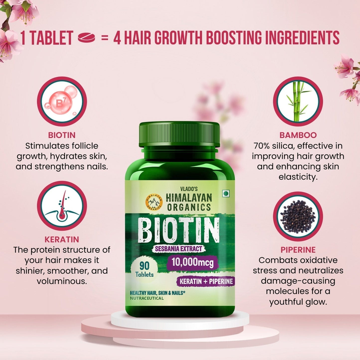 Vlado's Himalayan Organics Biotin 10,000mcg with Keratin & Piperine | 90 Veg Tablets