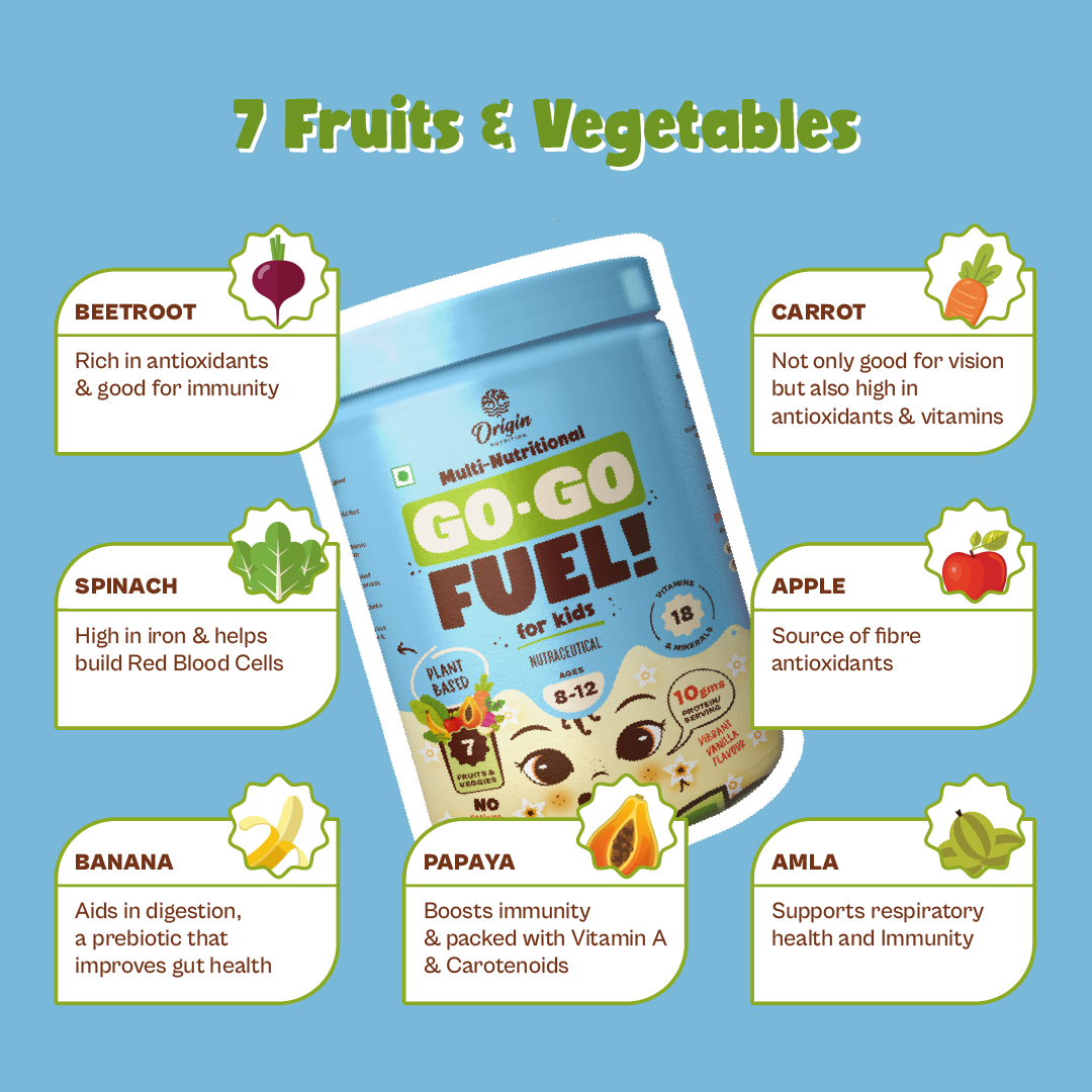 Origin Nutrition Vegan Multi Nutritional, Vanilla drink for kids with 10gm Plant-Based Protein, 7 fruits and vegetables, 18 minerals and vitamins. Gluten Free, Soy Free, Dairy Free, No Added Sugar, Soy Free, Non - GMO, ages 8-12, 400g