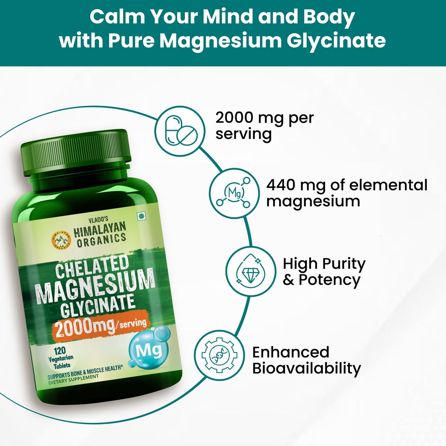 Vlado's Himalayan Organics Chelated Magnesium Glycinate | 120 Vegan Tablets