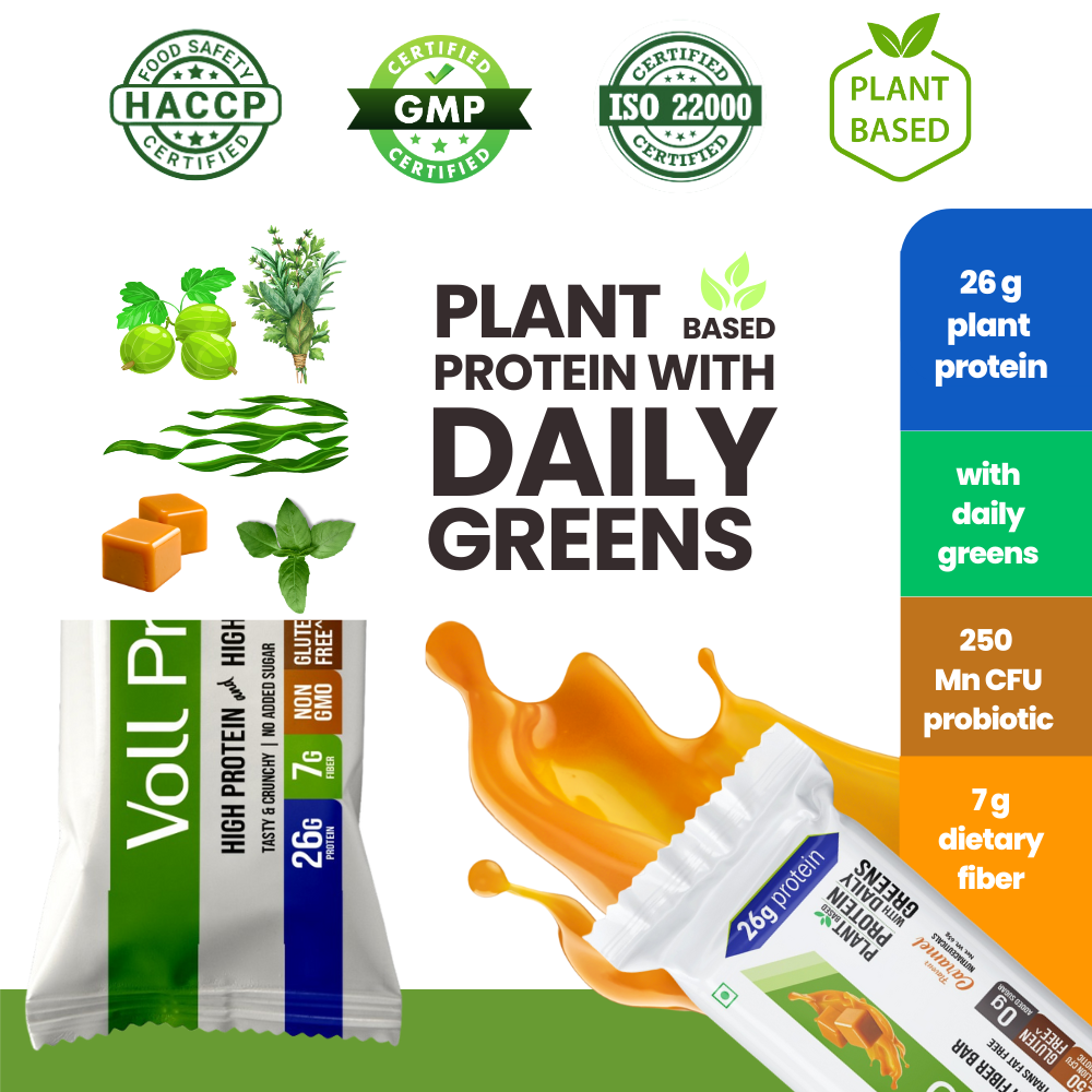 Voll Pro Plant Protein Bar With Daily Greens | Caramel Flavor Protein Bar | Sugar Free Bar With 26g Plant Protein and 7g Fiber | Each Bar of 65g | Pack of 6 Bars