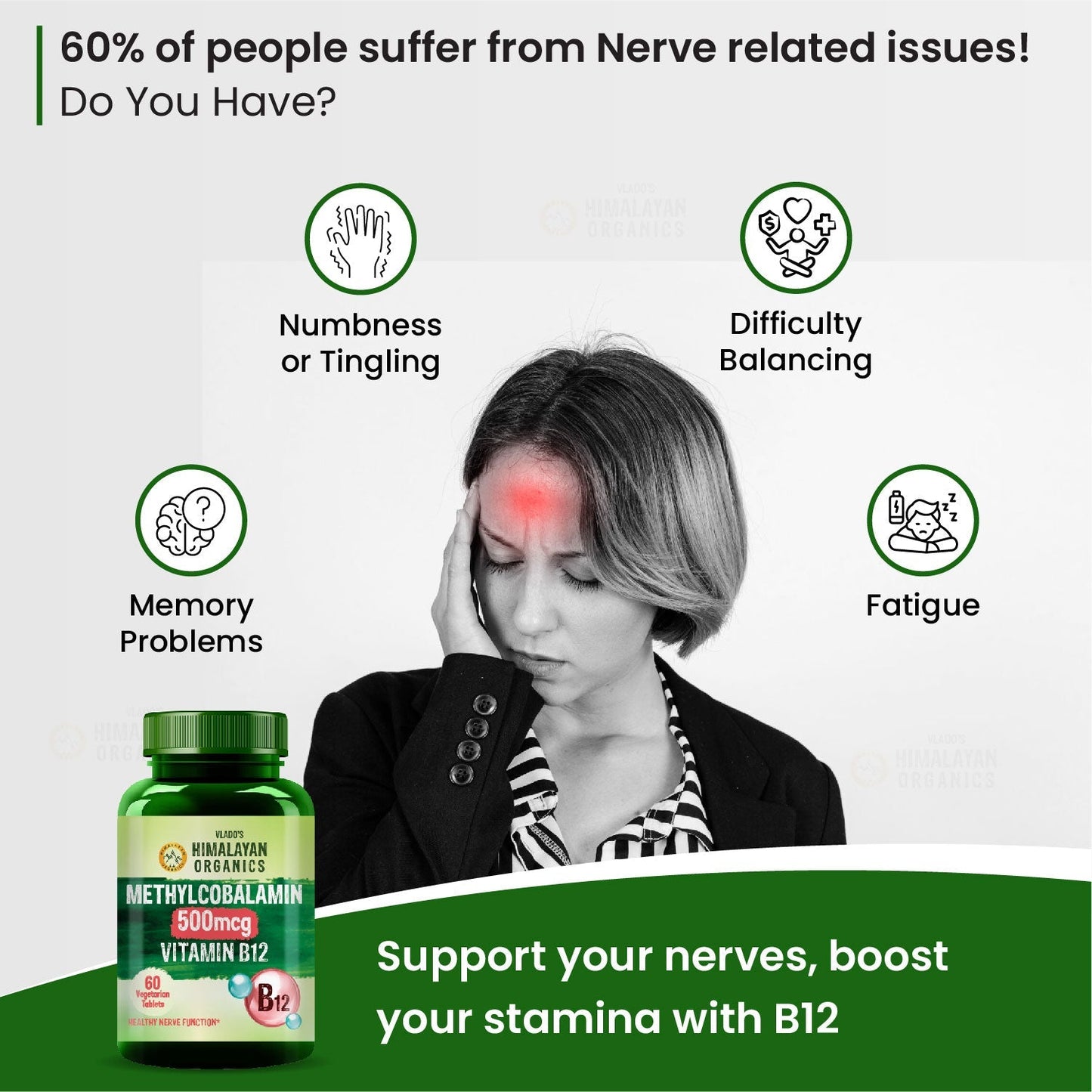 Vlado's Himalayan Organics Vitamin B12 Supplement 500 mcg | Methylcobalamin | Plant-Based | 60 Veg Tablets