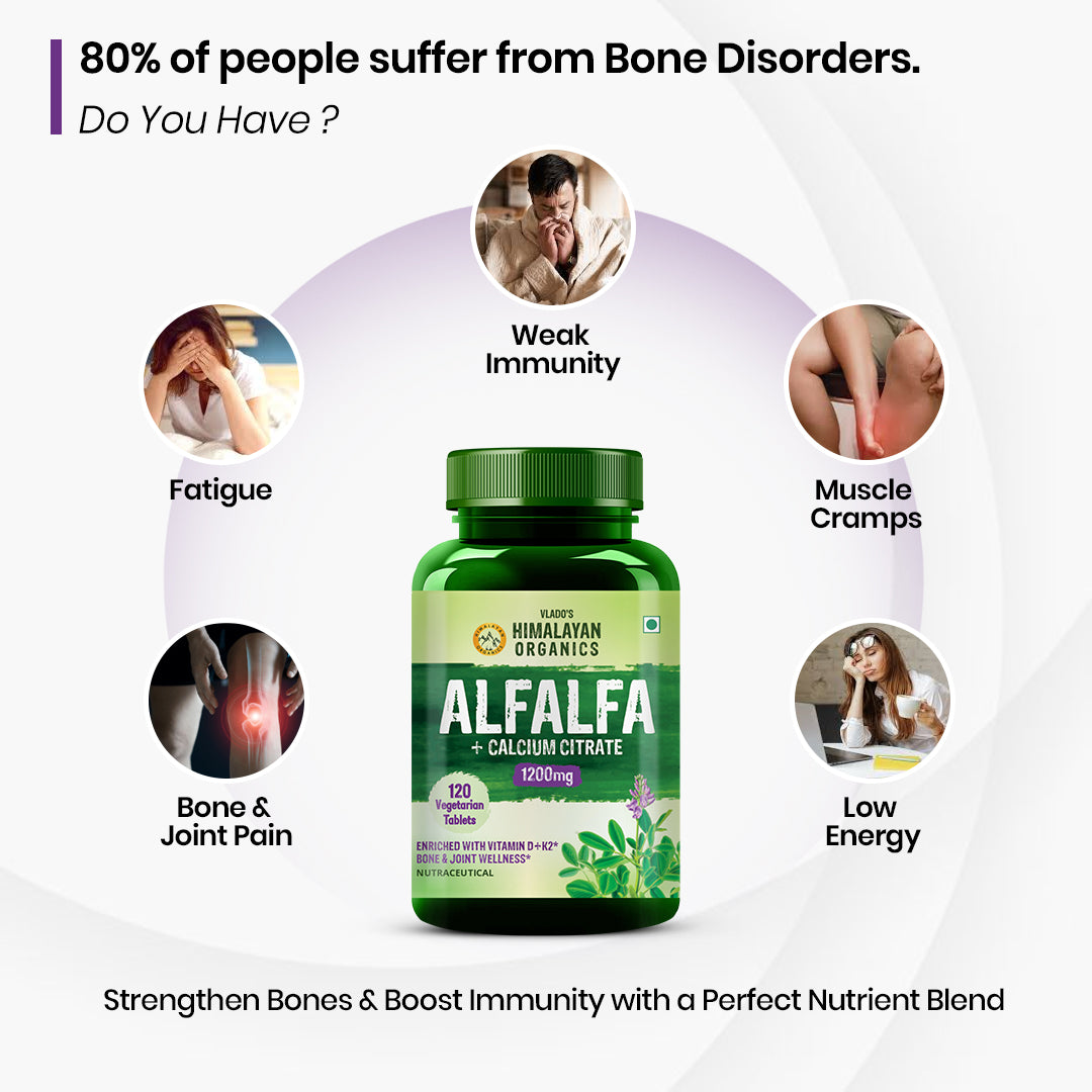 Vlado's Himalayan Organics Alfalfa with Calcium Citrate Malate, Vitamin D, K2, MK-7, B12, Zinc & Magnesium | Bone & Joint Wellness | 120 Veg Tablets
