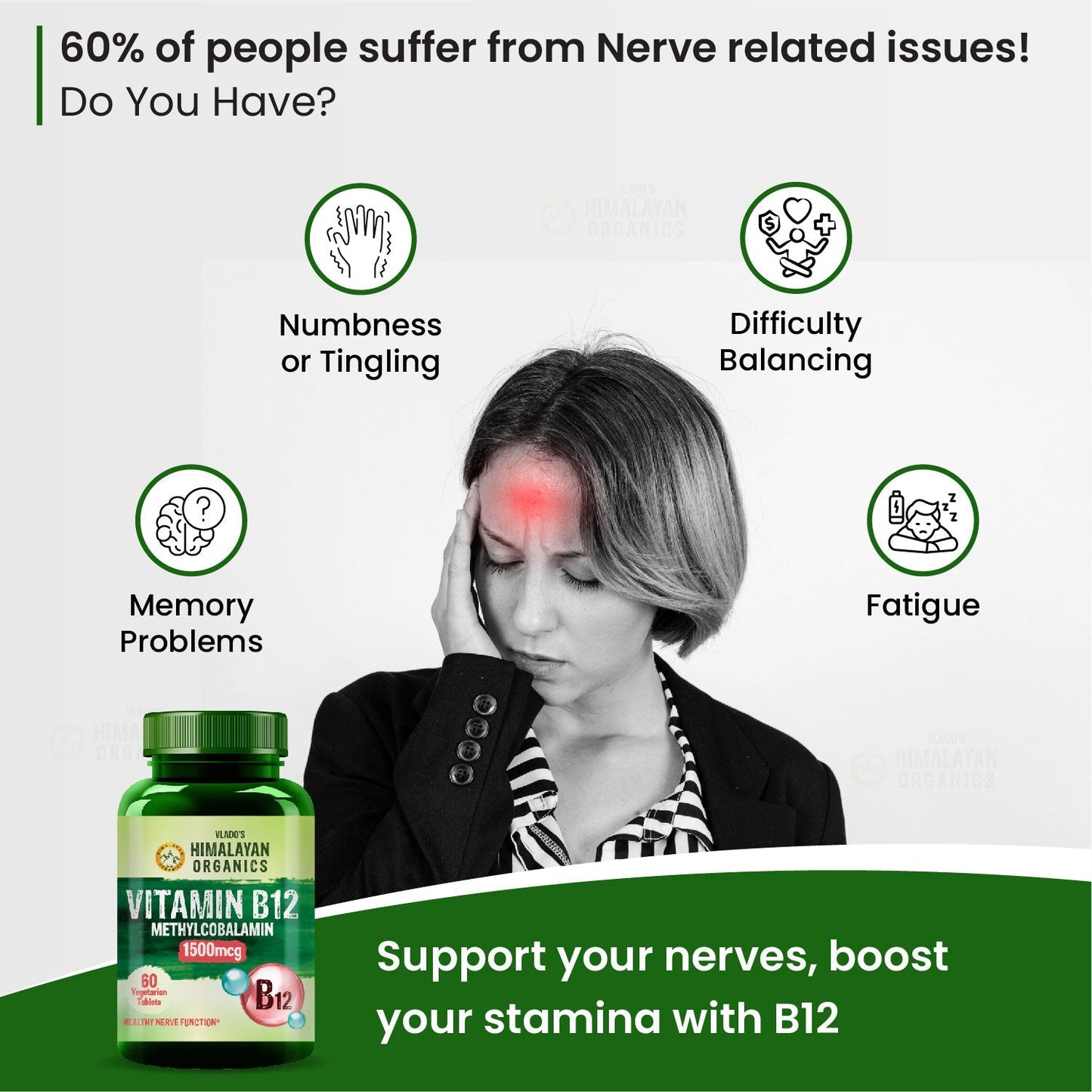 Vlado's Himalayan Organics Vitamin B12 Tablets 1500 mcg -Active form of Methylcobalamin Vitamin B12 Supplements for Men & Women- 60 Veg Tablets