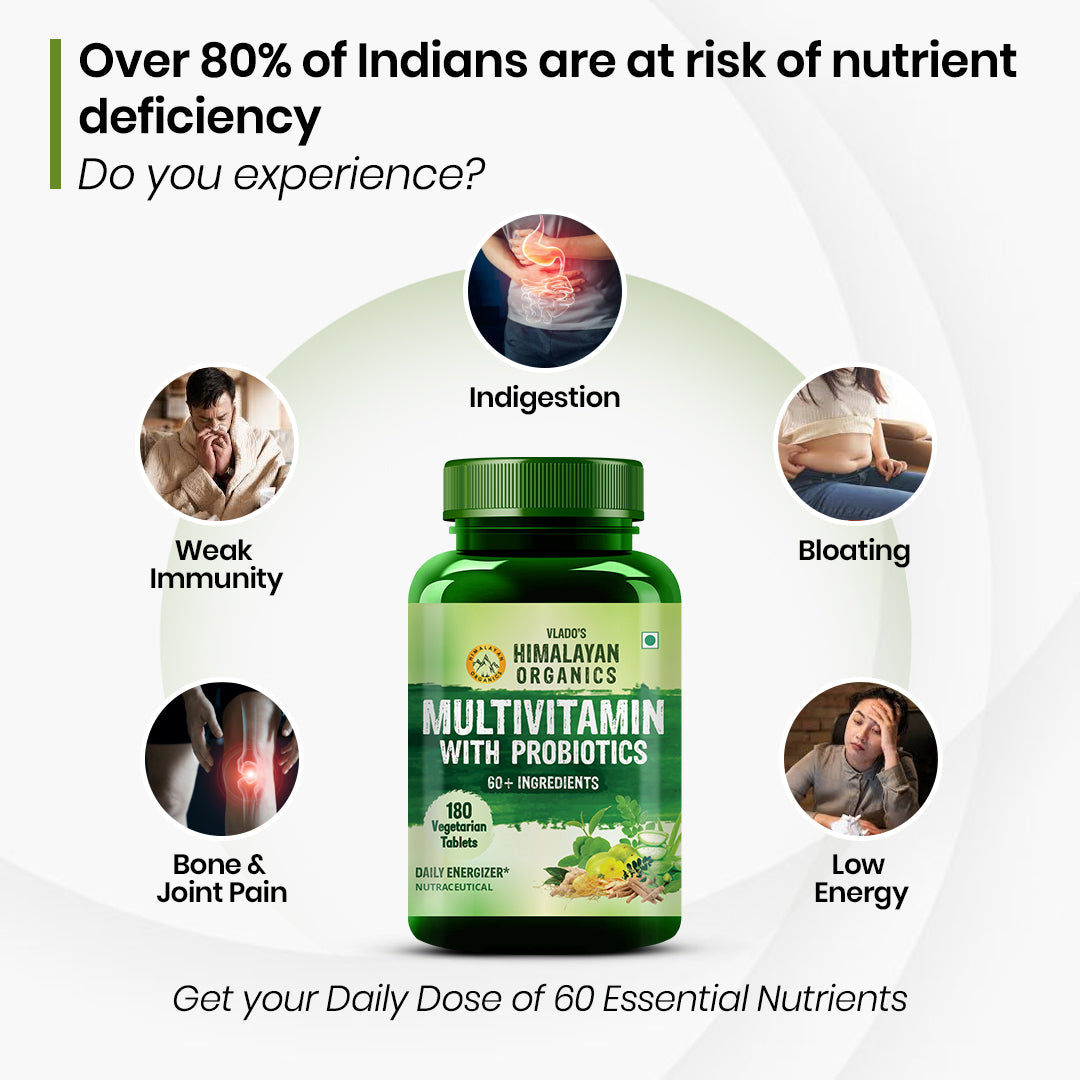 Vlado's Himalayan Organics Multivitamin for Men & Women with 60 Ingredients | With Probiotics, Herbal Extracts & Minerals | 180 Veg Tablets