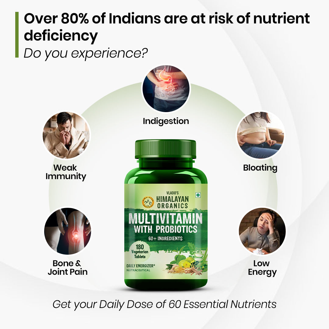 Vlado's Himalayan Organics Multivitamin for Men & Women with 60 Ingredients | With Probiotics, Herbal Extracts & Minerals | 180 Veg Tablets