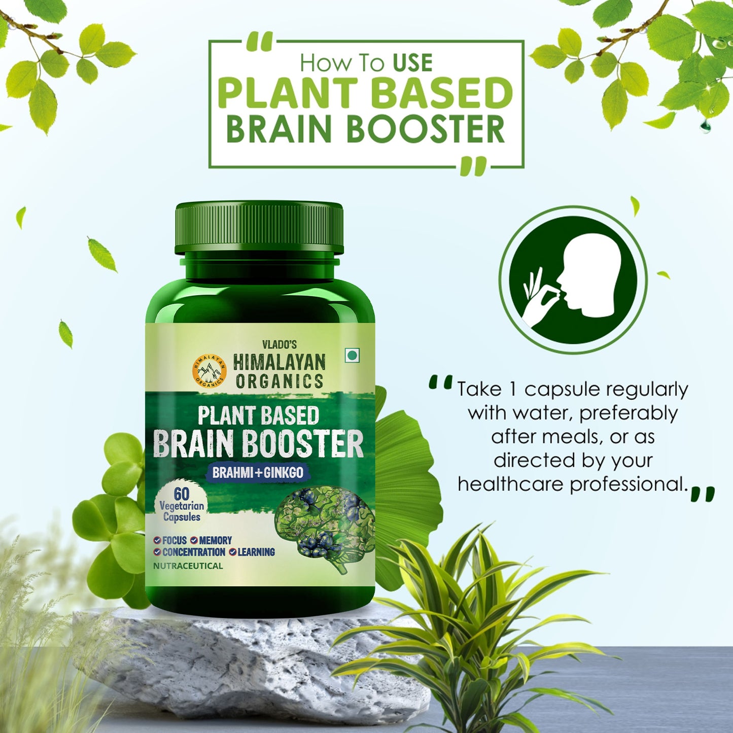 Vlado's Himalayan Organics Plant Based Brain Booster Supplement with Ginkgo Biloba & Brahmi | Boost concentration & Memory | 60 Veg Capsules