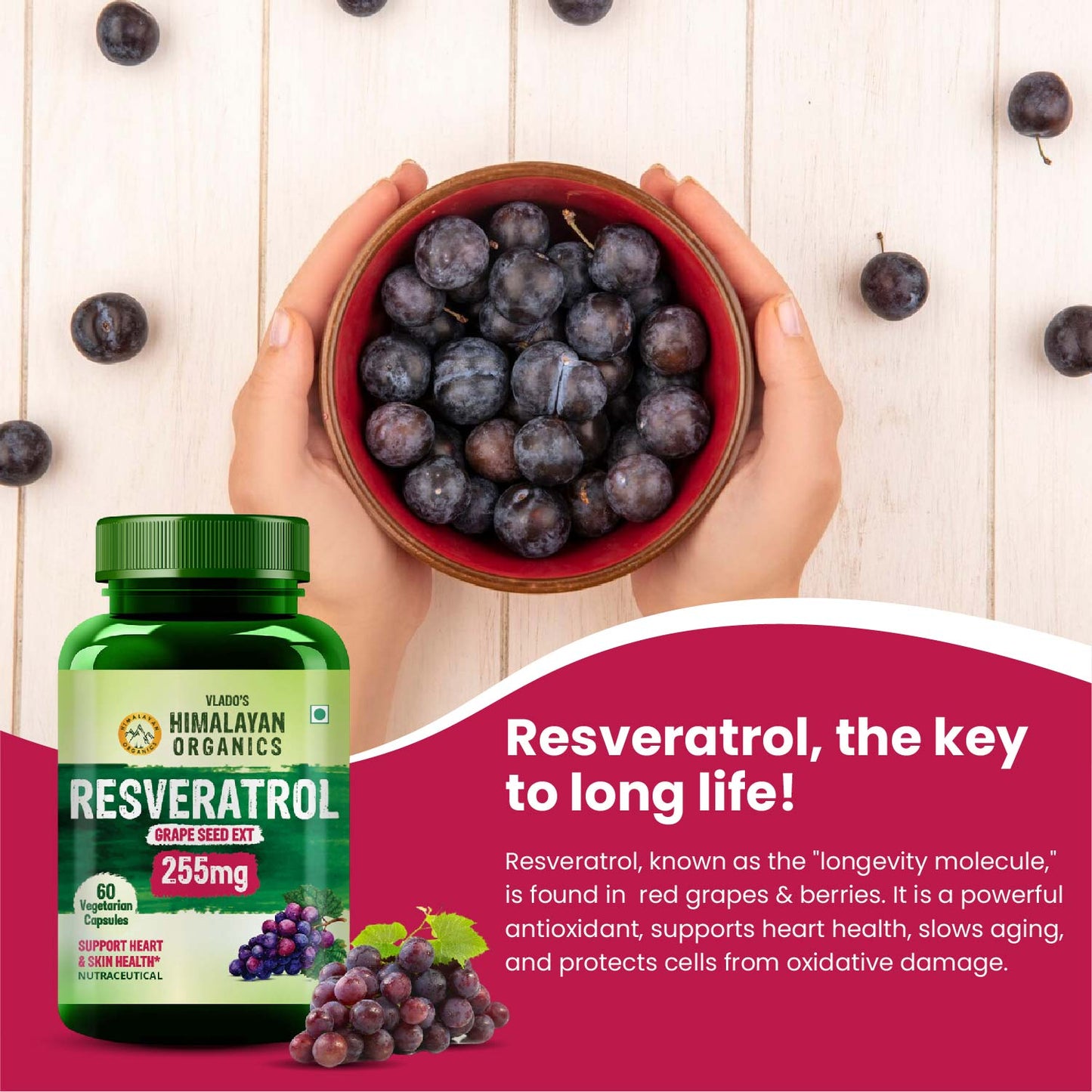 Vlado's HImalayan Organics Resveratrol 255mg with Grape Seed Extract Supplement | Support Heart And Skin Health | Powerful Anti-oxidant for Anti-Ageing - 60 Veg Capsules
