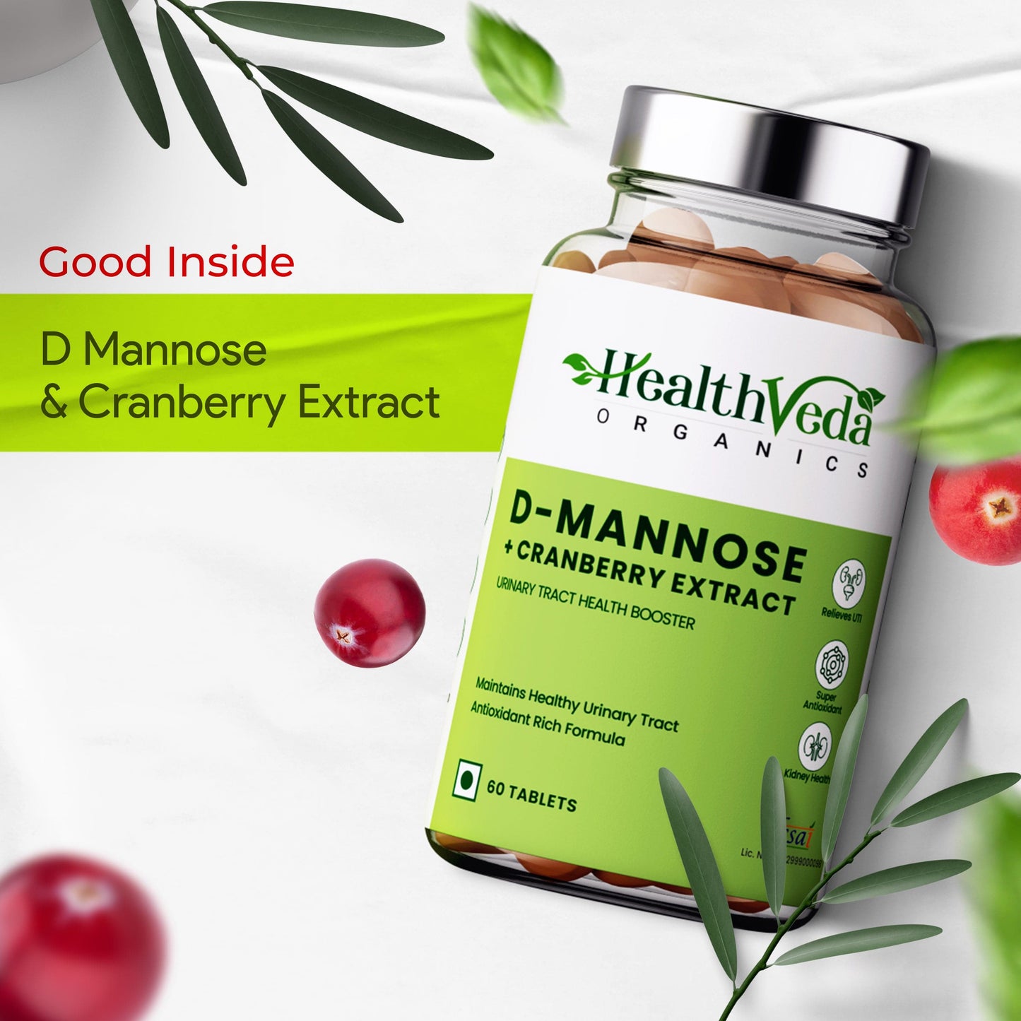 Health Veda Organics D-Mannose 500 mg + Cranberry Extract 200 mg | 60 Veg Tablets I Supports Kidney Health & Urinary Tract Infection