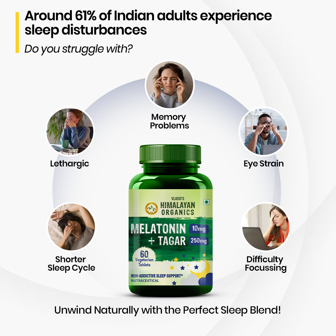 Vlado's Himalayan Organics Melatonin 10mg + Tagar 250mg Supplement with Vitamin B6 & Calcium | Non-Habit Forming | 60 Veg Tablets