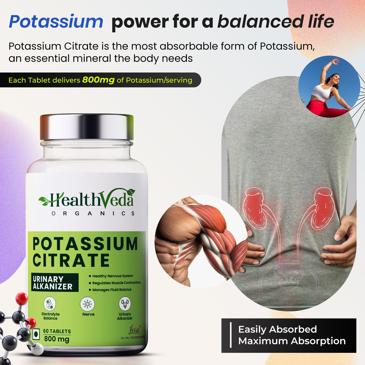 Health Veda Organics Potassium Citrate, 800 mg I 60 Veg Tablets I Support Nerve, Muscle, Joint & Bone Health I Helps Manage Electrolytes | For both Men & Women