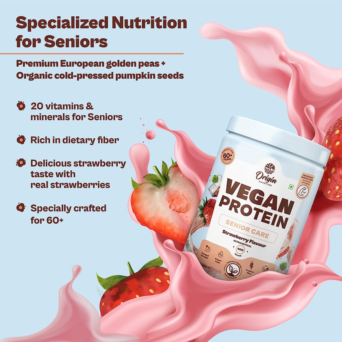 Origin Nutrition senior Care Vegan Plant Protein Powder 400g, Strawberry Flavour with 25g Plant Based Protein