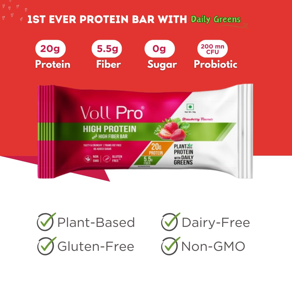 Voll Pro Plant Protein Bar with Daily Greens | Strawberry Flavor | Sugar Free Bar With 20g Plant Protein and Fiber 5.5g | Non-GMO | Gluten & Trans Fat Free | Each Bar Of 50g