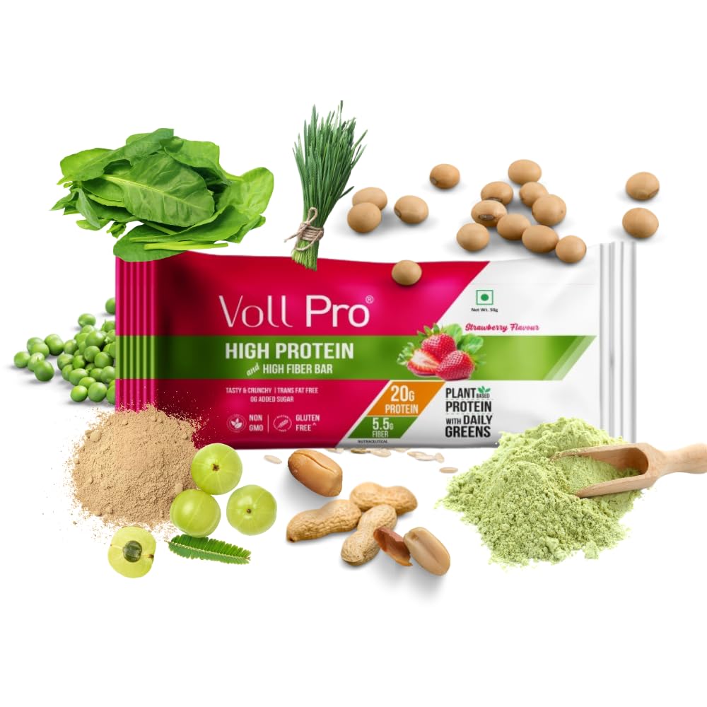 Voll Pro Plant Protein Bar with Daily Greens | Strawberry Flavor | Sugar Free Bar With 20g Plant Protein and Fiber 5.5g | Non-GMO | Gluten & Trans Fat Free | Each Bar Of 50g