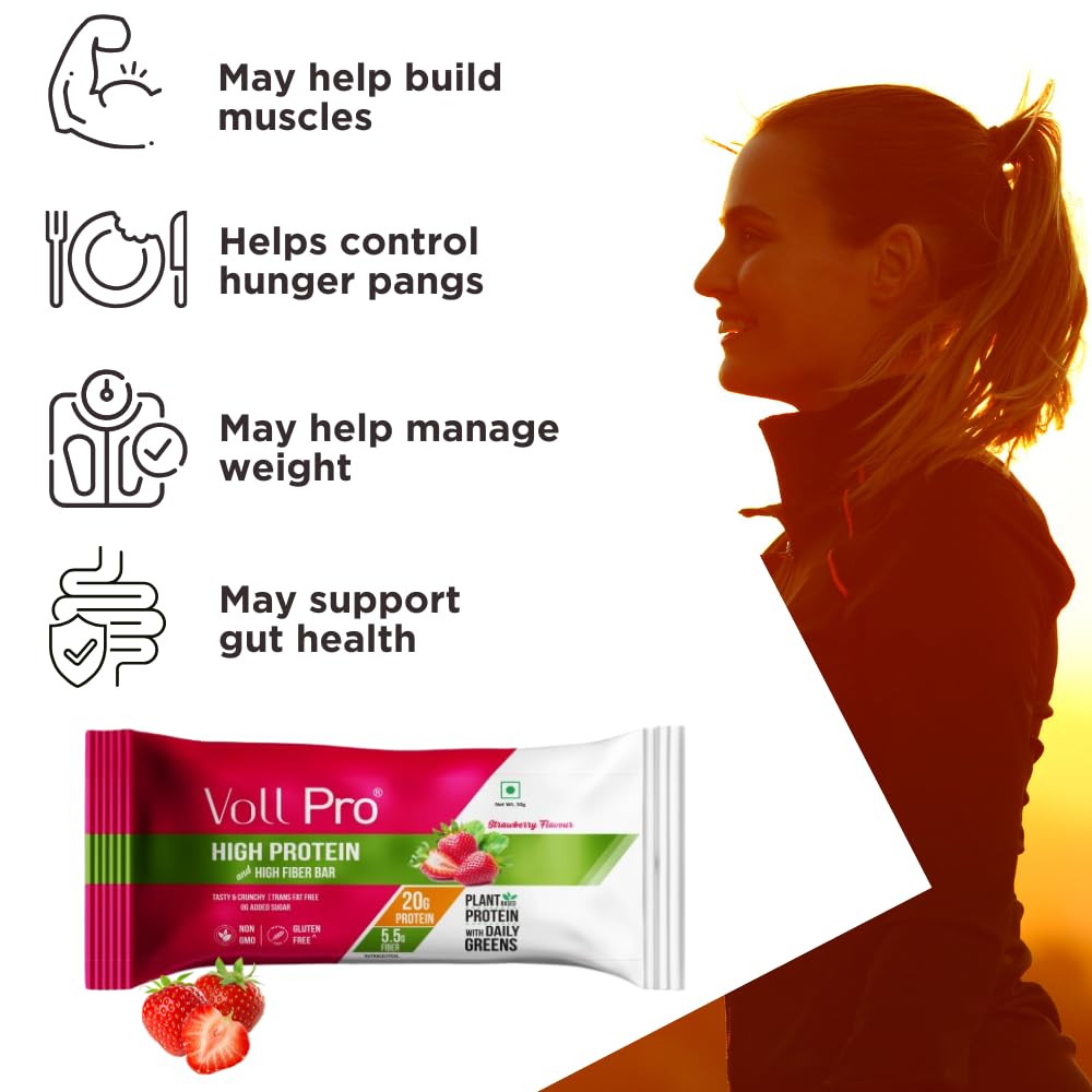 Voll Pro Plant Protein Bar with Daily Greens | Strawberry Flavor | Sugar Free Bar With 20g Plant Protein and Fiber 5.5g | Non-GMO | Gluten & Trans Fat Free | Each Bar Of 50g