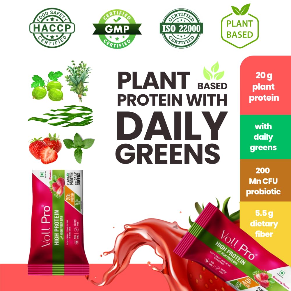 Voll Pro Plant Protein Bar with Daily Greens | Strawberry Flavor | Sugar Free Bar With 20g Plant Protein and Fiber 5.5g | Non-GMO | Gluten & Trans Fat Free | Each Bar Of 50g