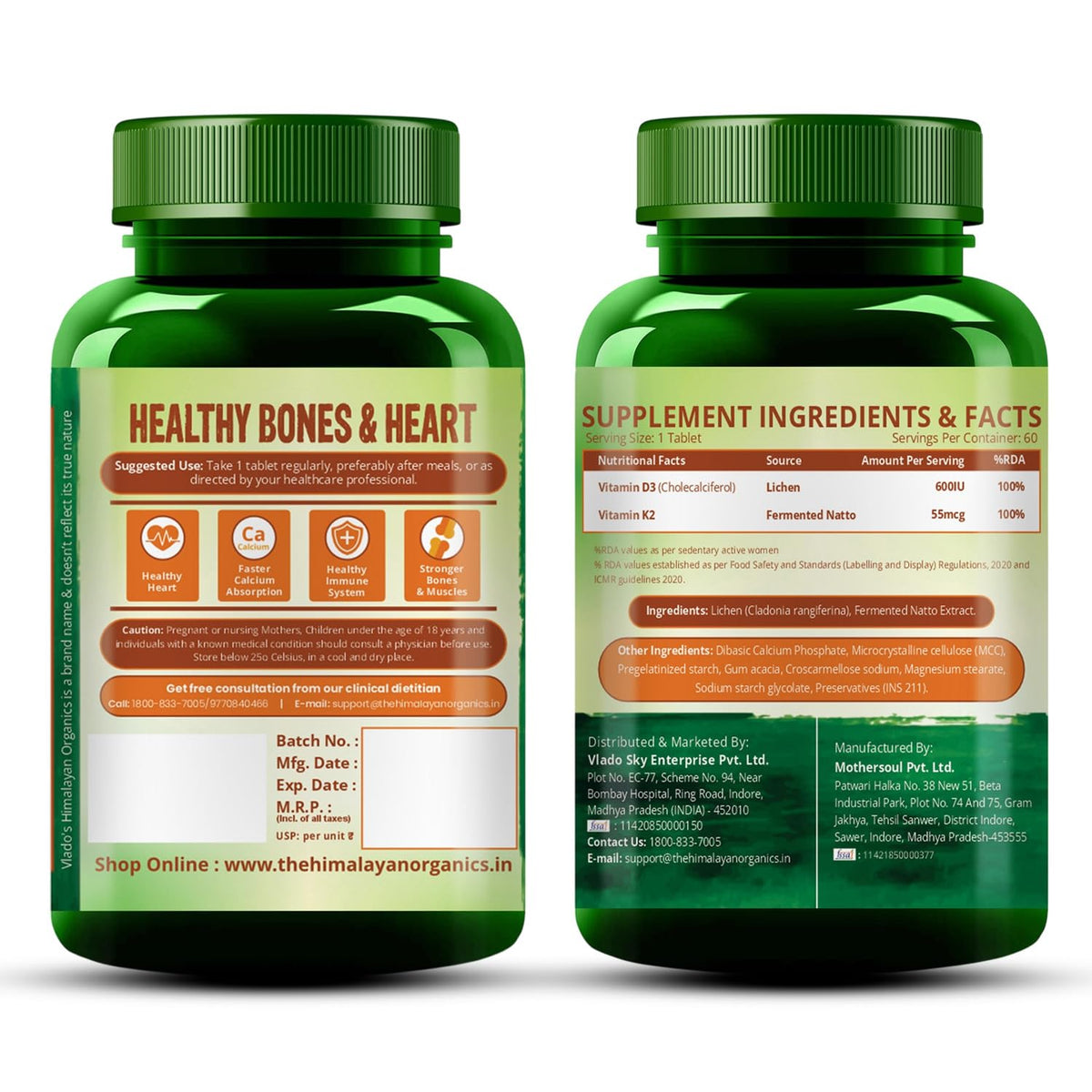 Vlado's Himalayan Organics Vitamin D3 K2 Tablets 600 IU with K2 MK7 55 mcg | Lichen Source Plant-Based Vitamin D3 | 60 Vegetarian Tablets