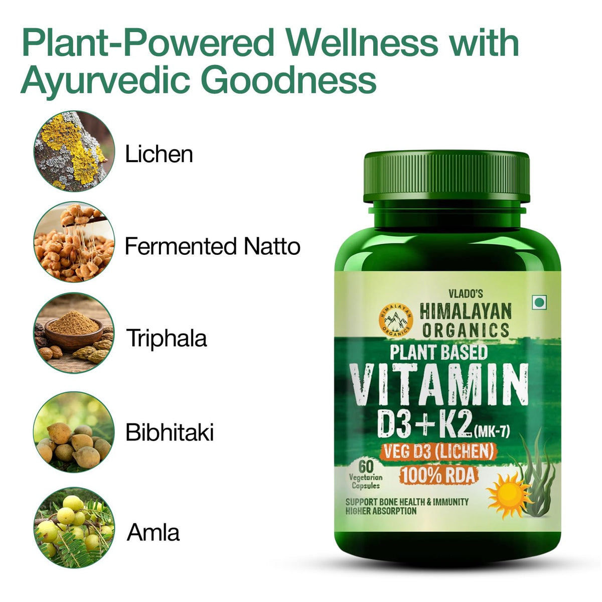 Vlado Himalayan Organics Plant Based Vitamin D3 600 IU + K2 MK7 55 mcg Capsules | Lichen-Sourced Vegan Vitamin D3 | Non-Synthetic Formula | 100% Vegetarian | 60 Capsules